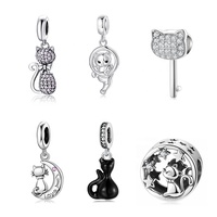 Véritable 925 en argent sterling Mignon chaton assis sur la Lune Crochue Aiment le poisson os avec CZ Pendentif Breloques pour Bracelet bijoux OFFRE SPÉCIALE