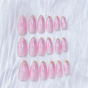 24 pièces de faux ongles en marbre rose français doré, faux ongles en amande moyenne, fabricant de faux ongles, fournitures de manucure en gros - Product Image 3