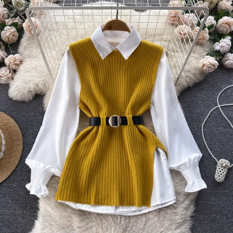 Fall Clothes 2023 Luxury Loose Long-Sleeved White Shirt Top + Split Knit Vest Blouse Two Piece Set Women Clothing
