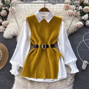 Fall Clothes 2023 Luxury Loose Long-Sleeved White Shirt Top + Split Knit Vest Blouse Two Piece Set Women Clothing
