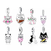 Breloques Pan Charms en argent, chat noir et blanc, maman chat, chaton enlacé, perles de zircon rose, compatibles avec bracelet original, bijoux Berluque