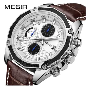 2024 new cool black dial megir 2015 wristwatch waterproof timepieces orologio uomo leather strap chronograph men watches