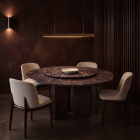 Table à manger ronde sur mesure en marbre Rosso Levanto avec plateau tournant, dessus en pierre naturelle, base en placage de bois MDF pour hôtel
