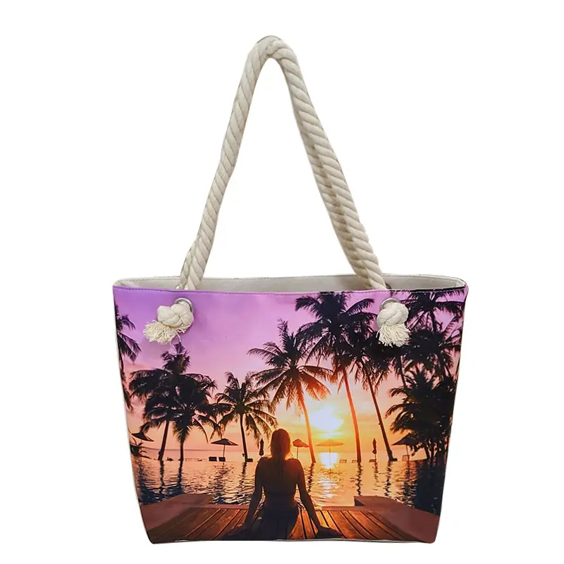 Grand sac de plage en toile d'été en corde de lin avec impression personnalisée et multi-poches hawaïennes Vente en gros