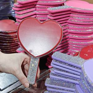 Heart Shape <b>Makeup</b> Mirror With Rhinestone Wholesale Purple Red Pink Handheld Cosmetic Private Label Small Hand Mirrors - Product Image 3