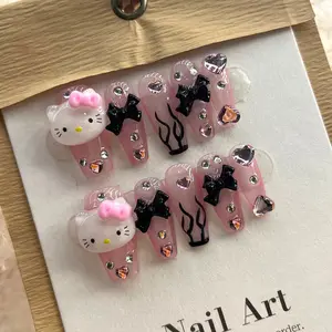 Prezzo all'ingrosso Custom Design Handmade Press On Nails Hello Kitty Long Frech unghie finte per decorazioni per unghie