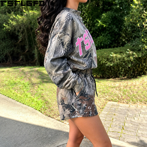 Cut and Sew for <b>Camo</b> Stand Collar Winter Casual Sweatshirt <b>Shorts</b> Set Women Matching Streetwear Wholesale Bulk - Product Image 5