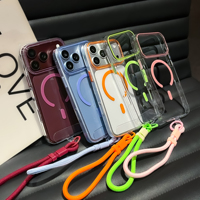 Étui magnétique transparent avec bracelet pour iPhone 12 13 14 15 16 17 18 Pro Max, compatible charge sans fil, anti-jaunissement, ultra-fin et mince