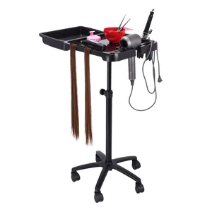 专业理发店黑色绘画手推车，用于头发延伸假发展示架，带磁性碗沙龙家具