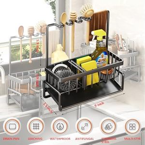 Support de rangement pour évier de cuisine en acier au carbone, type sur pied, pour éponge, chiffon et torchon, avec égouttoir de comptoir et support de robinet - Product Image 5