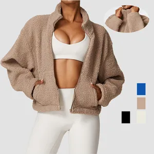 Neue Lamm wolle Running Long Sleeve Tops Stehkragen Sport Outfit Reiß verschluss Winter Frauen Fitness jacken mit Taschen