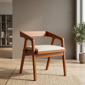 Chaise de salle à manger en bois de style mid-century modern avec accoudoirs en lin et pieds coniques - Product Image 2
