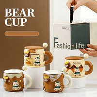 Ensemble de tasses en céramique en grès de 400 ml avec motif de dessin animé mignon, avec couvercle et paille, pour boissons chaudes/froides, réutilisables, sans danger pour les aliments