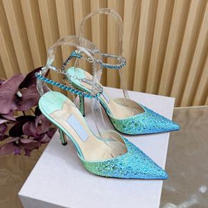 Luxury <b>point</b> <b>toe</b> Gradient blue rhinestone stiletto heels for women summer dress shoes party shoes high heels for ladies - Product Image 1