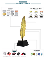 Neues Design Metall-Feder-Statue Gedenkgeschenk Maßgefertigte Schwarze Kristallbasis Goldene Feder Metall-Trophäe