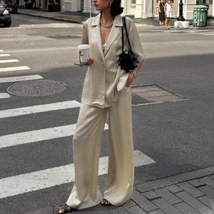 Novedades, Conjunto de Lino de Alta Calidad para Mujer, Chaqueta Holgada con Solapa, Pantalones Casuales Rectos con Cintura Elástica - Product Image 1