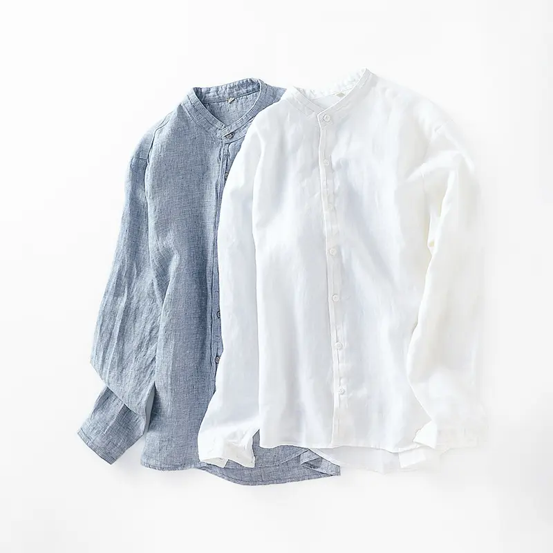 Camisa de lino con solapa pequeña para hombre, ropa informal holgada de manga larga