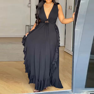 เดรสยาวทรงธรรมชาติแฟชั่นสำหรับสาวอวบ ใส่สบายช่วงฤดูร้อน สายเดี่ยวเปิดหลัง ไร้แขน คอวี แต่งระบาย สายรัดเซ็กซี่ ระบายอากาศได้ดี - Product Image 1