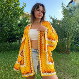 <span class=keywords><strong>Cardigan</strong></span> in maglia Patchwork all'uncinetto Patchwork quadrato colorato per <span class=keywords><strong>donna</strong></span> manica lunga stile Casual con Logo frontale - Product Image 4