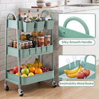Étagère de rangement de cuisine à 3 niveaux sur roulettes, chariot utilitaire en plastique avec séparateurs et paniers suspendus, étagère de rangement de cuisine avec roulettes