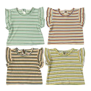 2023 New Arrival New Born Baby Clothes T-Shirt Twotone Striped Ruffled Cuffs 100% Polyester Kids Tops Girls Tops