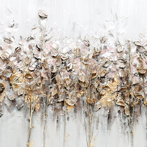 <span class=keywords><strong>Peinture</strong></span> à l'huile murale florale texturée peinte à la main : <span class=keywords><strong>Fleurs</strong></span> sauvages abstraites avec accents dorés sur fond clair - Product Image 4