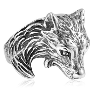 yunnique Wolf Head <b>Ring</b> Unisex <b>Titanium</b> Steel Animal Zodiac Silver Gift Jewelry - Product Image 3