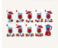 Jeu de Mahjong américain sur le thème des stations balnéaires tropicales, tuiles en acrylique blanc avec motifs de tasses Tiki cocktail fraise, tuiles de Mahjong américaines