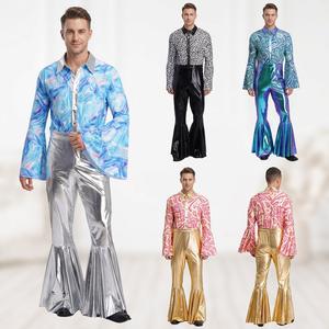 Herren Vintage Siebziger <span class=keywords><strong>Disco</strong></span>-Kostüm-Set Glänzendes Paisley-<span class=keywords><strong>Hemd</strong></span> Schlaghose Karnevals-Party Bühnenoutfit - Product Image 1