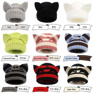 Gorro de Punto con Orejas de Diablo, Nuevo Modelo 2024, Superventas, para Halloween, con Diseño a Rayas, Grueso, Cálido y Moderno para Invierno - Product Image 3