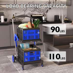 İki katmanlı mavi 4 tekerlekli katlanabilir alışveriş sepeti çok kullanımlı fonksiyonel ambar depolama süpermarket arabası - Product Image 6