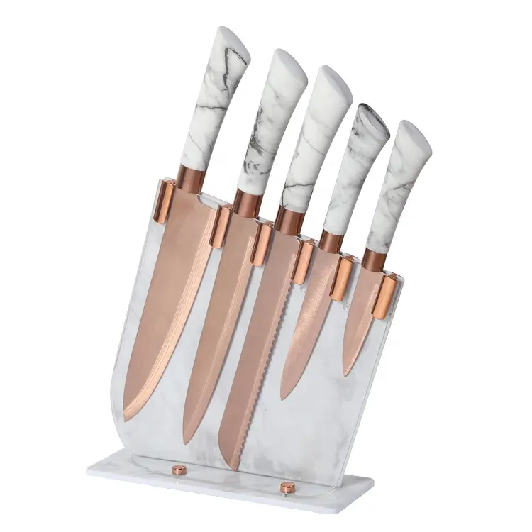 6 في 1 سكاكين المطبخ مع روز الذهب تصفيح laserengraving الفولاذ المقاوم للصدأ مع مجموعة سكاكين صخرة لإحماء السكين