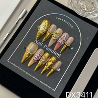 Faux ongles à presser faits main B191, motifs fleur en strass et alliage, couleur or nude, forme stiletto, pour usage professionnel en salon