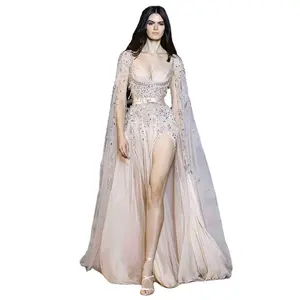 SS376 Arabic Champagne Dubai 2023 Celebrity Beaded Tassel High Slit Women Wedding Party Gowns Sharon Said Evening Dresses Luxury