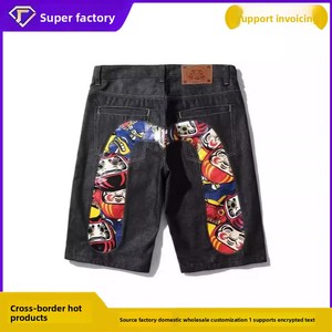 Five-point <strong>High</strong> <strong>Waist</strong> Nylon/Cotton Men's Streetwear Hip-Hop Summer Printed 'Lucky God' Design Oversized Loose-Fit <strong>Denim</strong> <strong>Shorts</strong> - Product Image 3