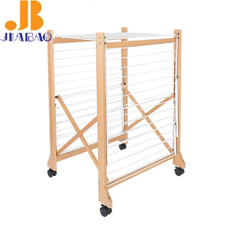Multi-function folding wooden clothes drying rack