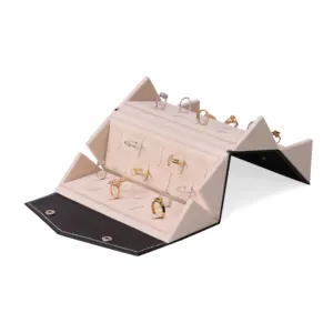 Caja de almacenamiento de joyería plegable, organizador de joyas, embalaje de anillo personalizado de lujo, impermeable, de cuero PU, logotipo del cliente como imagen, color negro