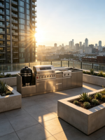 Îlot de cuisine extérieur en acier inoxydable 304 avec armoire, barbecue au charbon Kamado et évier pour la cuisson dans la cour ou sur la terrasse