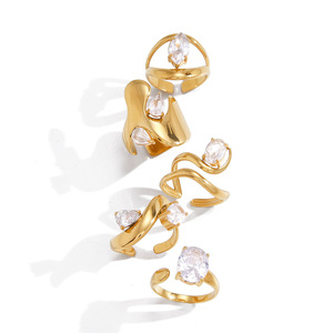 Geometric Zircon <b>Titanium</b> Steel <b>Ring</b> Set For Women Party Jewelry Prong Setting Gold Tone Fashion <b>Rings</b> - Product Image 5