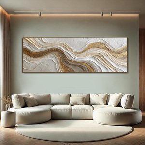 Peinture abstraite en plâtre à effet vague sur toile, grande, longue et large, blanche, or, argent, texturée, art mural panoramique de luxe avec feuille d'or - Product Image 2