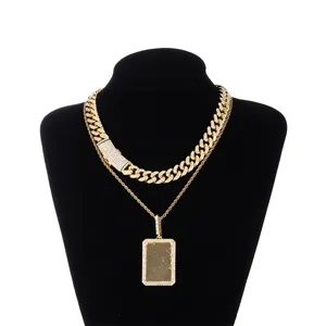 DE Cuban Necklace Set Iced Hiphop Trendy Fancy Fashion Full Drill Alloy Jewelry Rectangular DIY Photo Frame Pendant