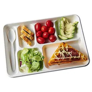 New Design Sugarcane Bagasse Material 5 Compartments Disposable Dinner Tray For Snack Bar