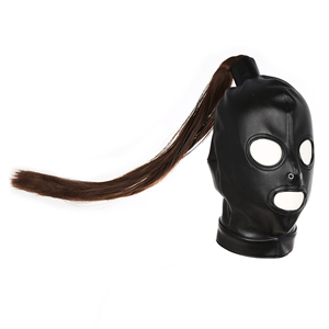 Máscara de cuero PU para toda la cabeza con cola de caballo, máscara de bondage transpirable con ojos y boca abiertos, para juegos de rol, disfraz fetiche, accesorio para la cabeza para adultos - Product Image 2