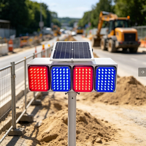 ไฟเตือนจราจรแบบกันน้ำ LED กระพริบเร็ว สองด้าน สี่ชุด ไฟ LED สีแดงน้ำเงิน พลังงานแสงอาทิตย์ ไฟแฟลชโซลาร์ - Product Image 1