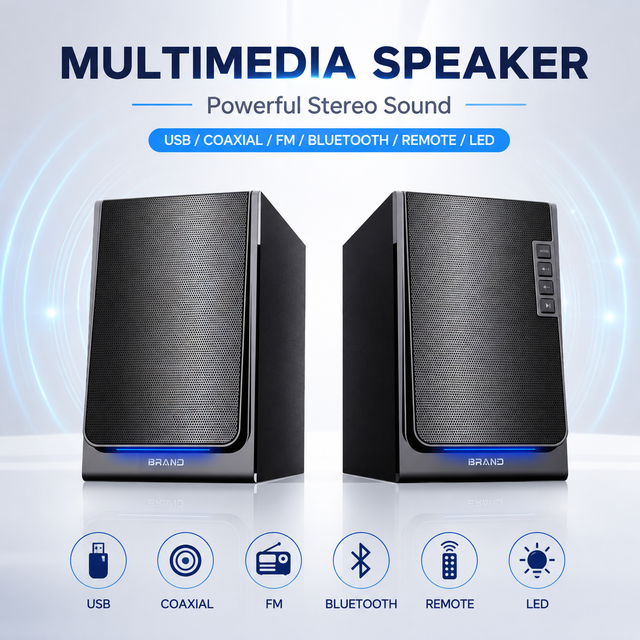 Coaxial 2.0 Stereo Blue Tooth Hi-Fi Speaker Wooden Bookshelf With LED Light AC Powered