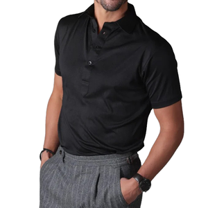 Camiseta de Verano Casual para Hombre, Negra, 100% Algodón, Sólida, Antiarrugas, de Punto, Manga Corta, Corte Regular, Cuello con Botones, Talla 6XL - Product Image 3