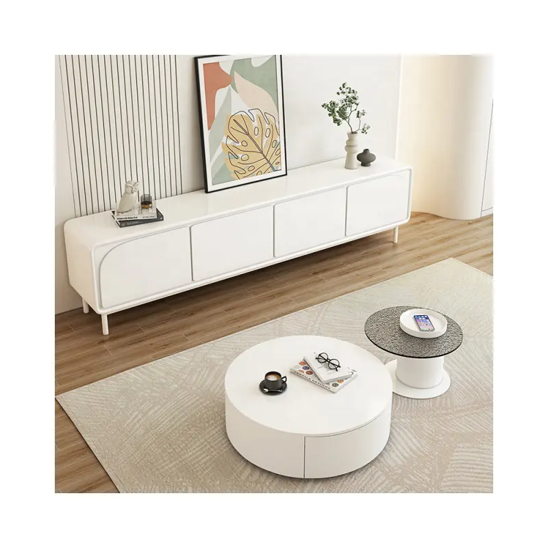 Venda quente estilo cremoso aglomerado de madeira moderno tv stand armário e gaveta de madeira mesa de café conjunto redondo parede limpa mesa branca