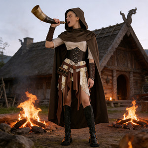 Ensemble de costumes de cosplay de pirate médiéval avec cape et corset pour femmes, tenue de jeu de rôle pour Halloween - Product Image 5