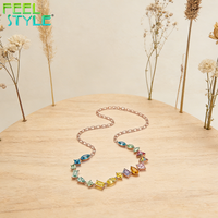 Collier fantaisie géométrique entièrement personnalisé avec pierres précieuses CZ colorées, chaîne ovale en acier inoxydable 316 plaqué or PVD épais