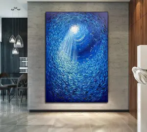 Originele Luxe Marine Kunstwerk Blauw Getextureerde Muur Kunst Abstracte Vissen Schilderen Op Canvas Voor Thuis Kantoor Decor